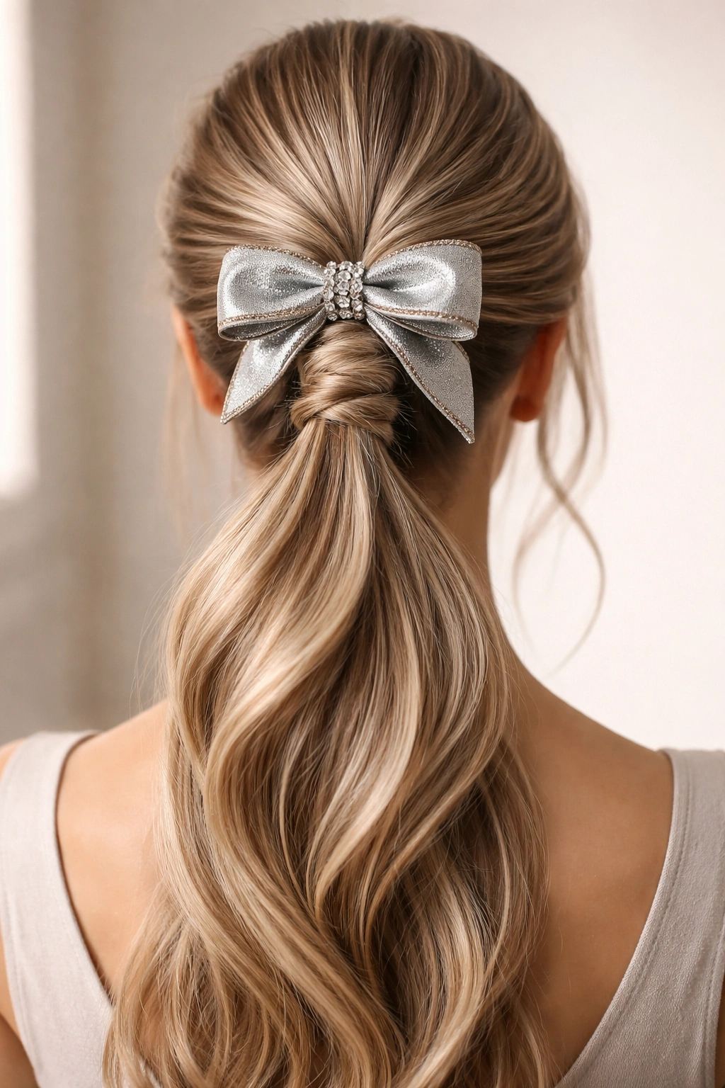 Twisted wrap-around braid ponytail with metallic bow, contemporary style