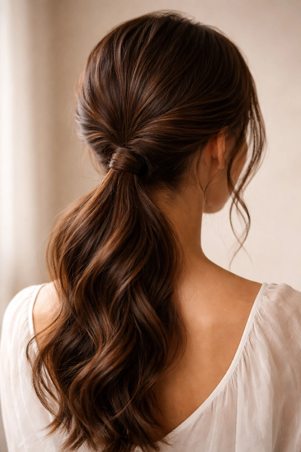 Close-up of a twisted chestnut brown ponytail with soft lighting