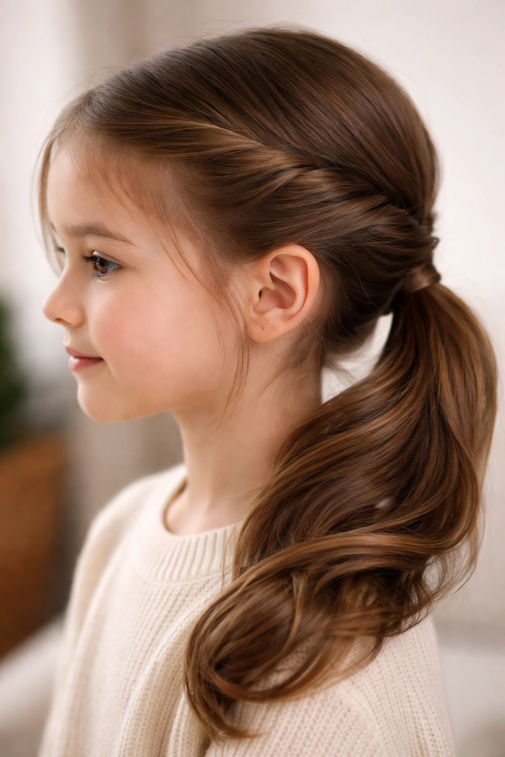 Twisted sections of hair converging into a side ponytail on a child.