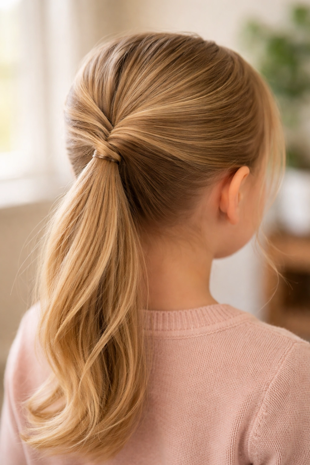 Close-up of a child's twisted ponytail with a crown twist in natural light.