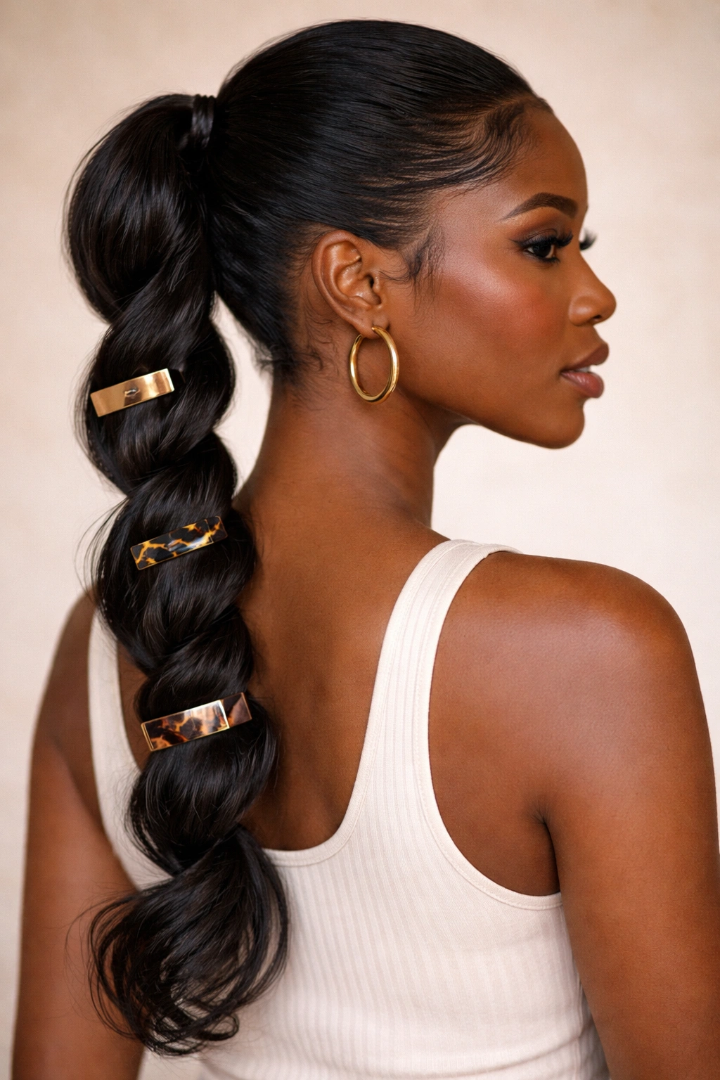 Ponytail with twists and decorative clips along its length