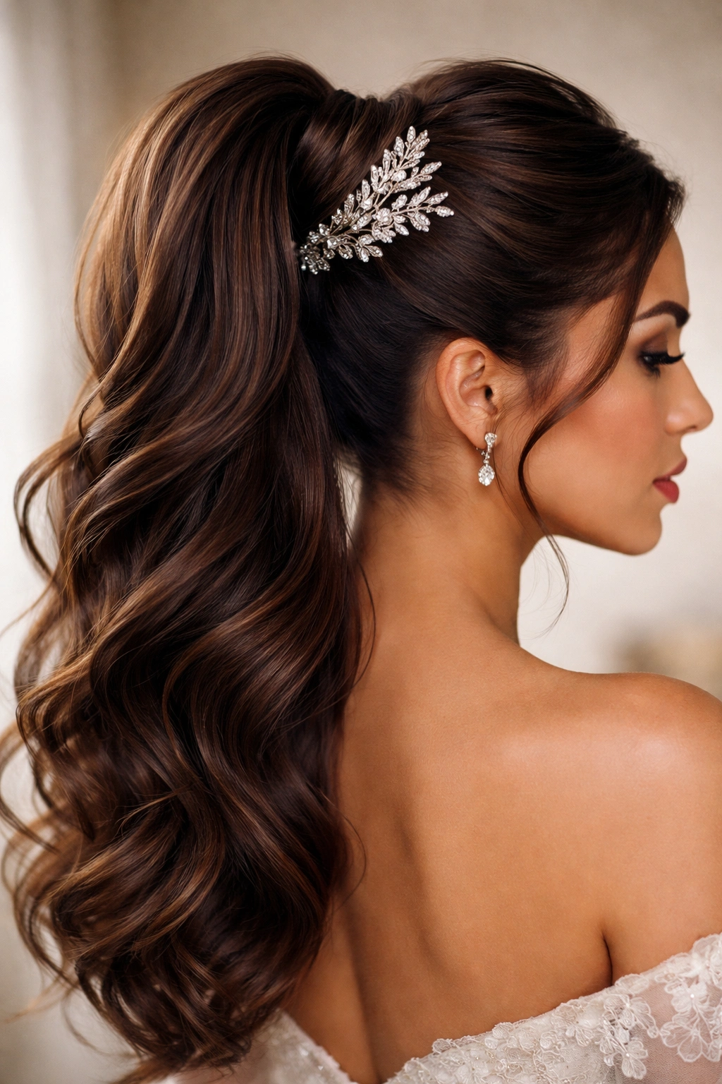 Twisted high ponytail with decorative comb adding elegance