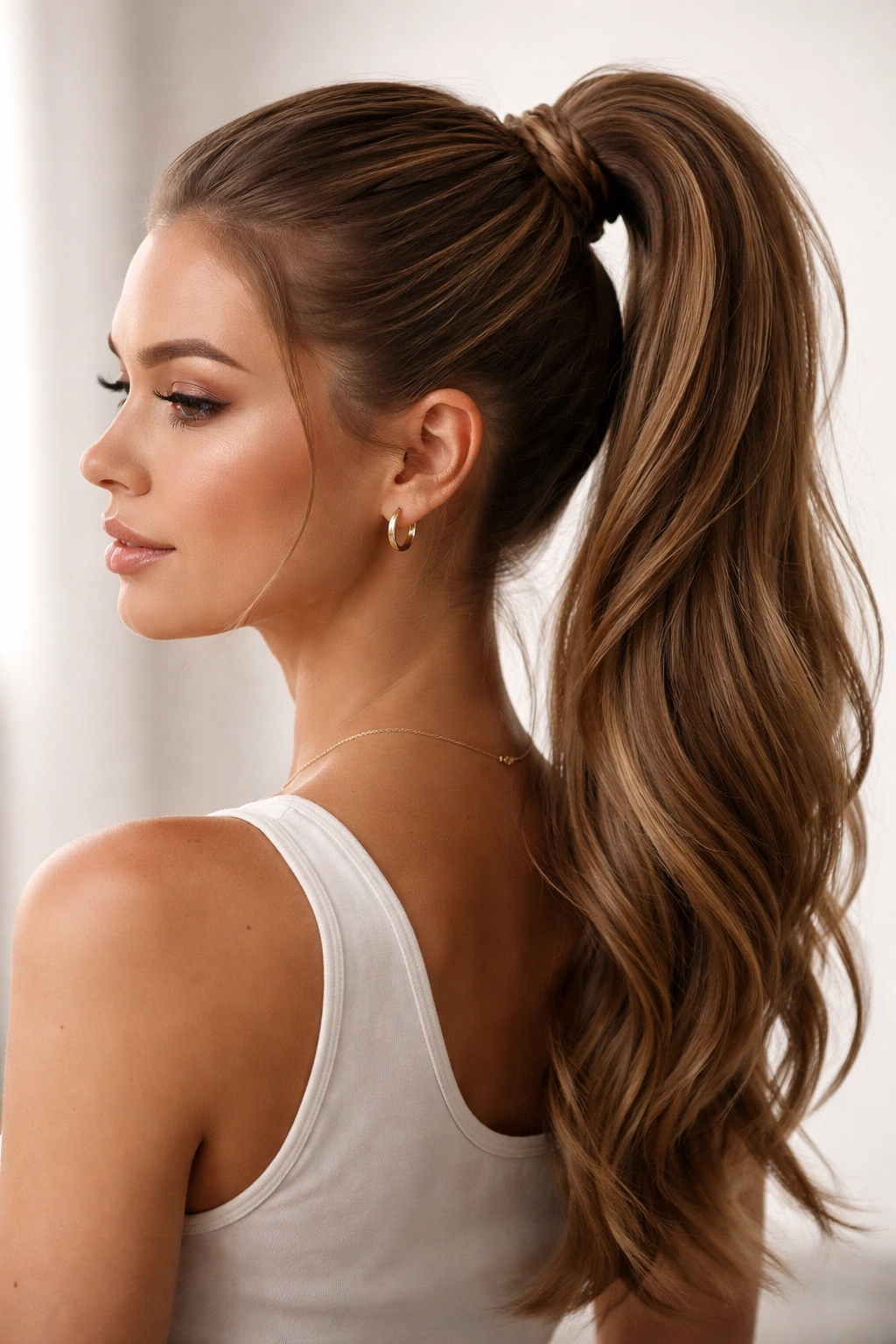 Twisted high ponytail with spiraling twists around the base