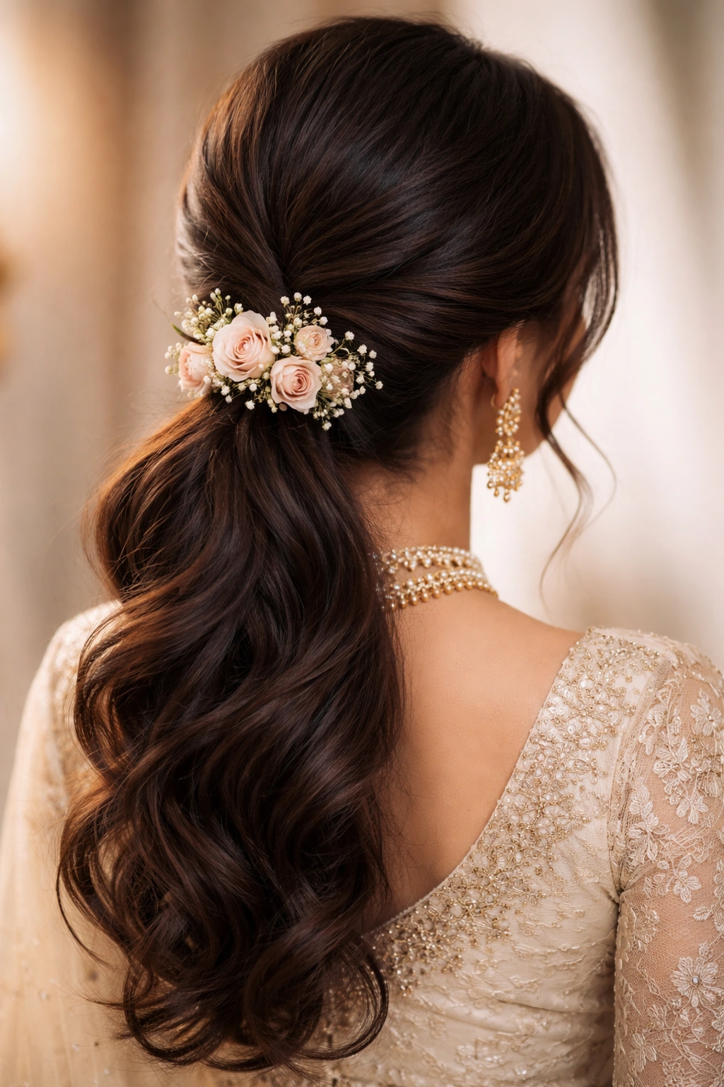 Low twisted ponytail at the nape with a small flower garnish.