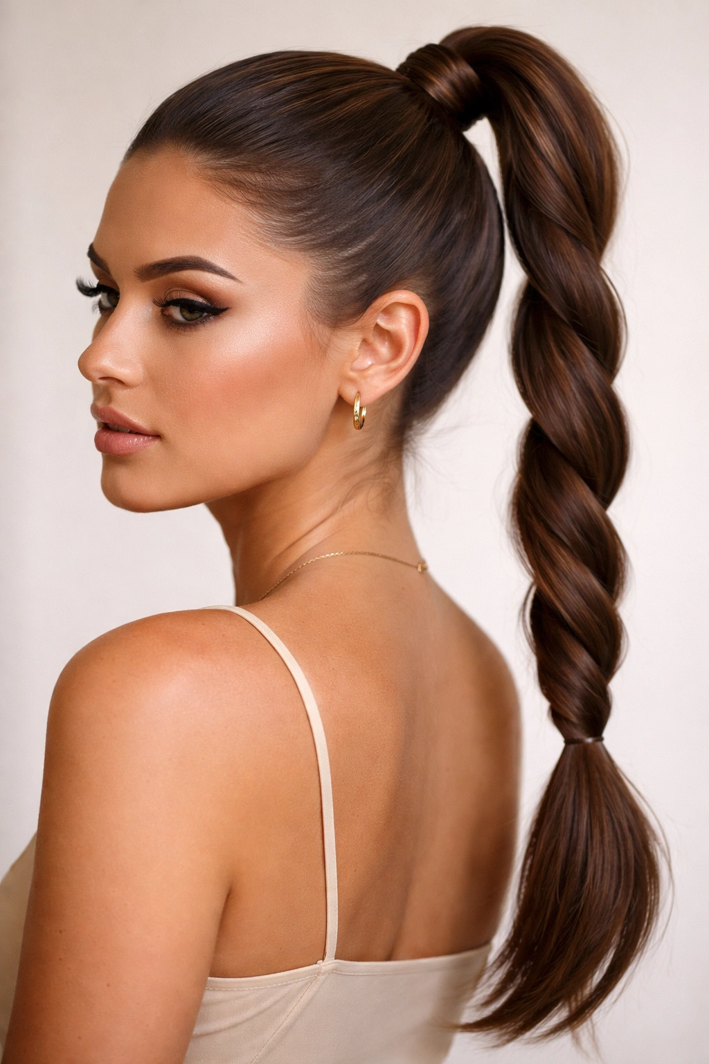 Close-up of a twisted high ponytail with a neat two-strand twist on a model under studio lighting
