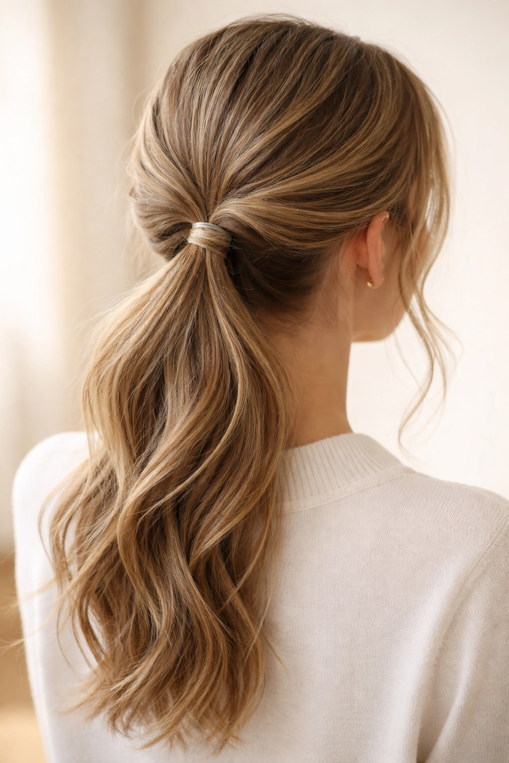 Back view of twisted ponytail with two twisted sections meeting at elastic