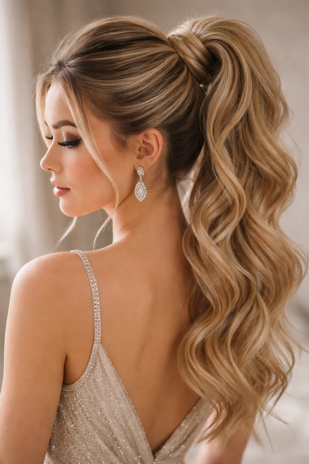 High ponytail with twisted sections creating elegant curves