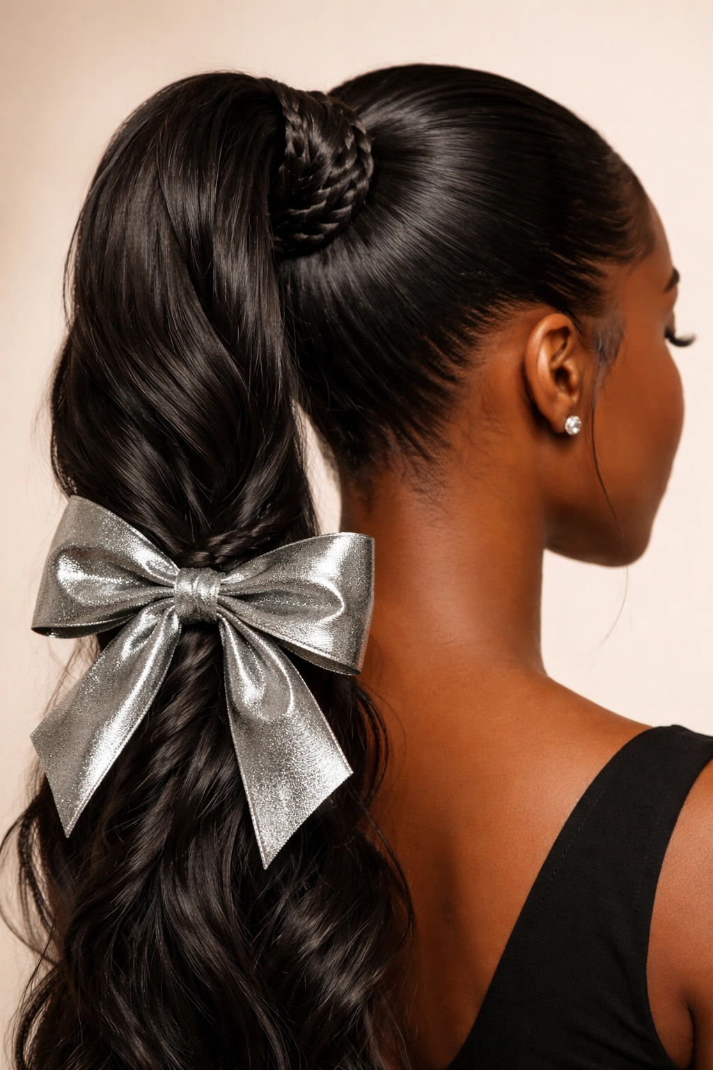 Twisted Ponytail with Metallic Bow close-up showing ropelike twists and metallic bow.