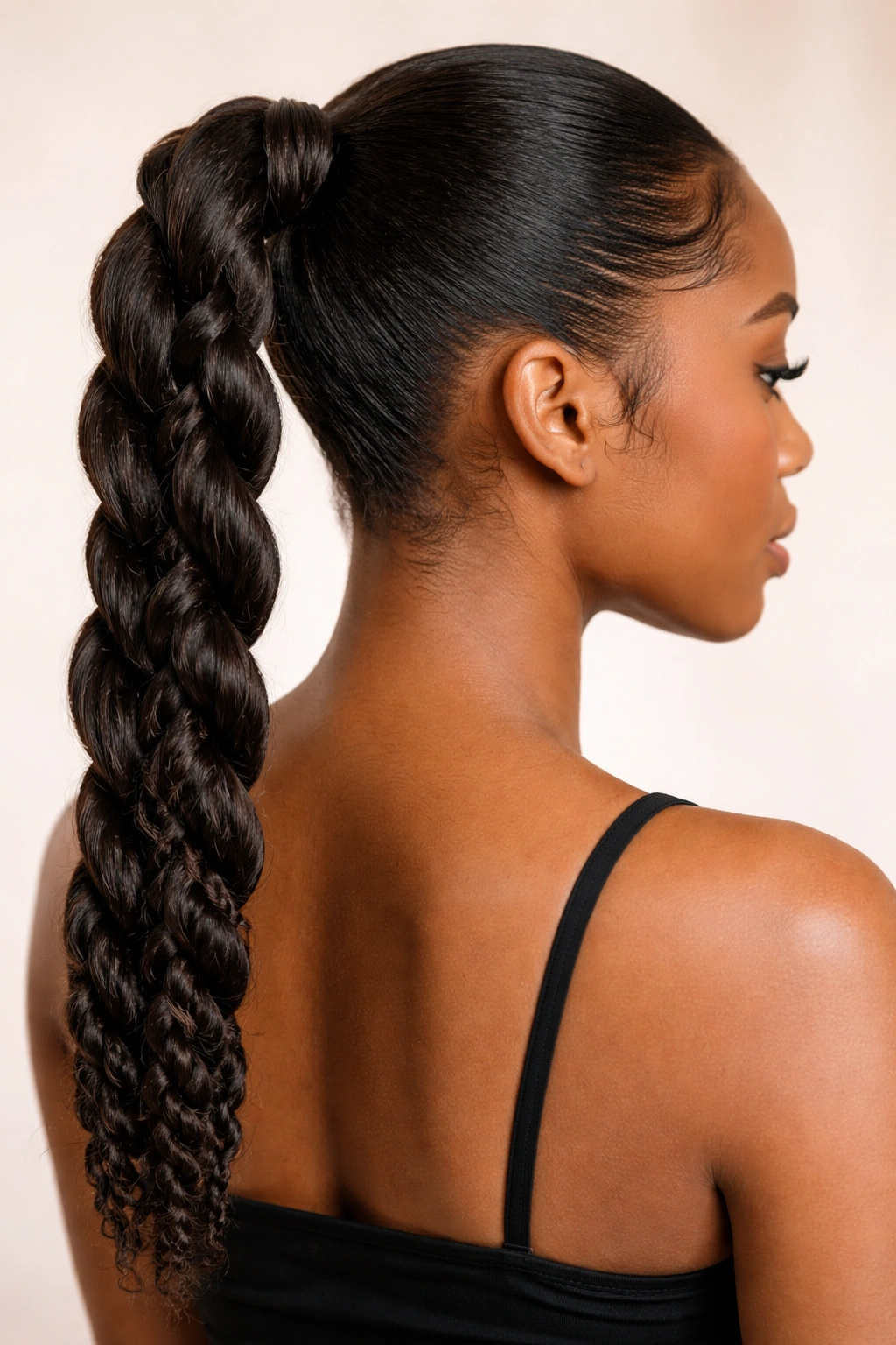 Close-up of a high ponytail with rope twists braided into a textured, flowing braid