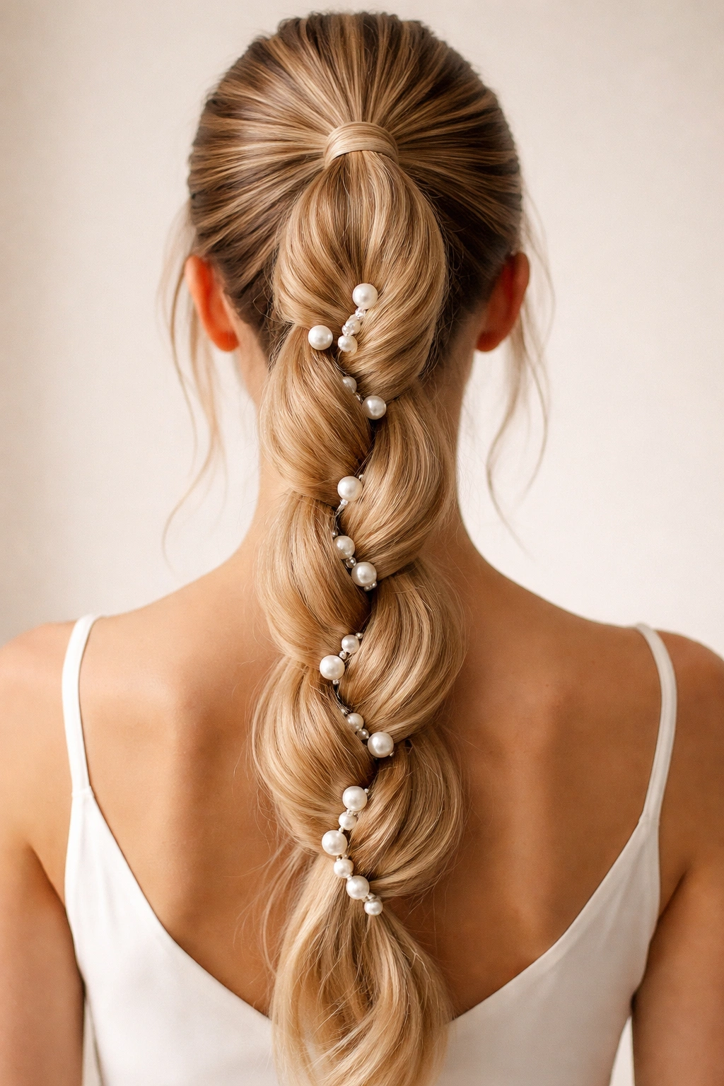 Back view of twisted ponytail with pearl beads in twists