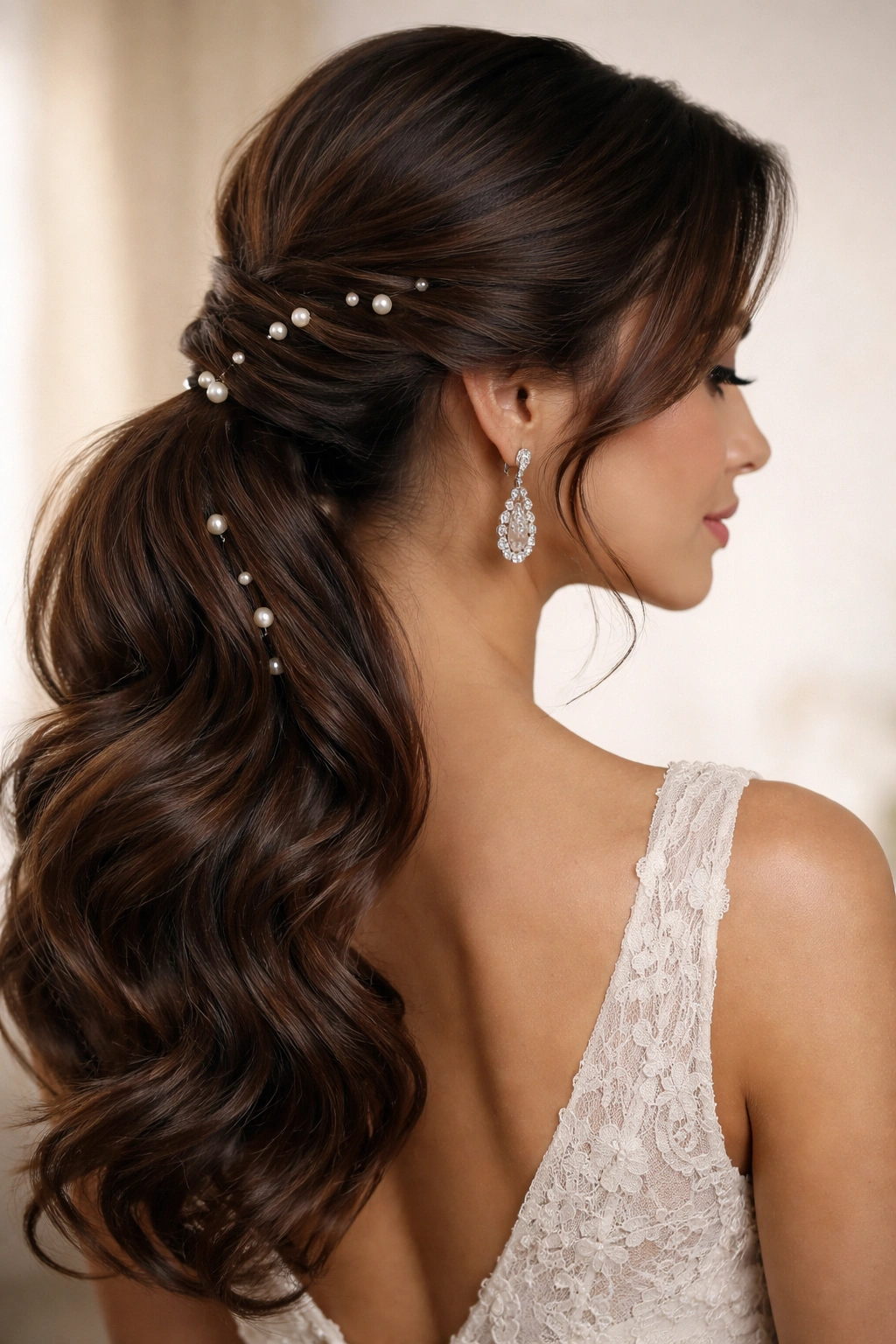 Close-up of a side ponytail with twists and pearl pins on brown hair