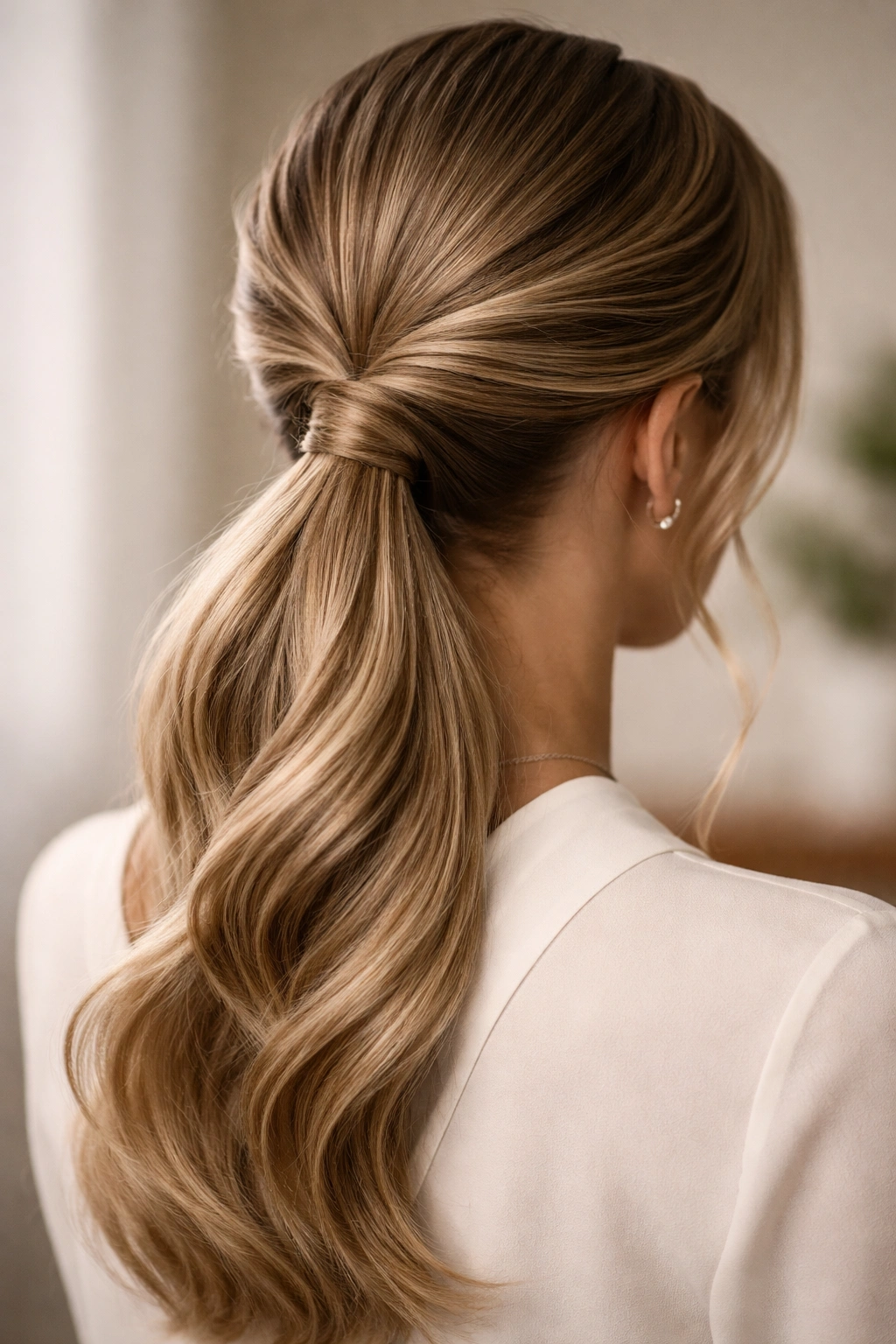 Close-up of a twisted ponytail with crown-wrapped elastic for a polished look