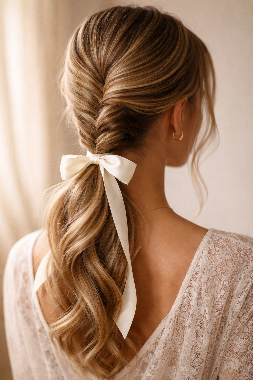 Twisted ponytail with ribbon accent and soft spiral twists