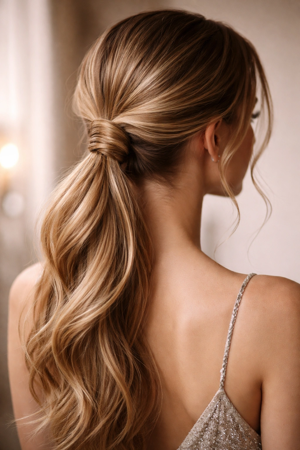 Close-up of twisted wrap ponytail with romantic double-helix twists around the elastic