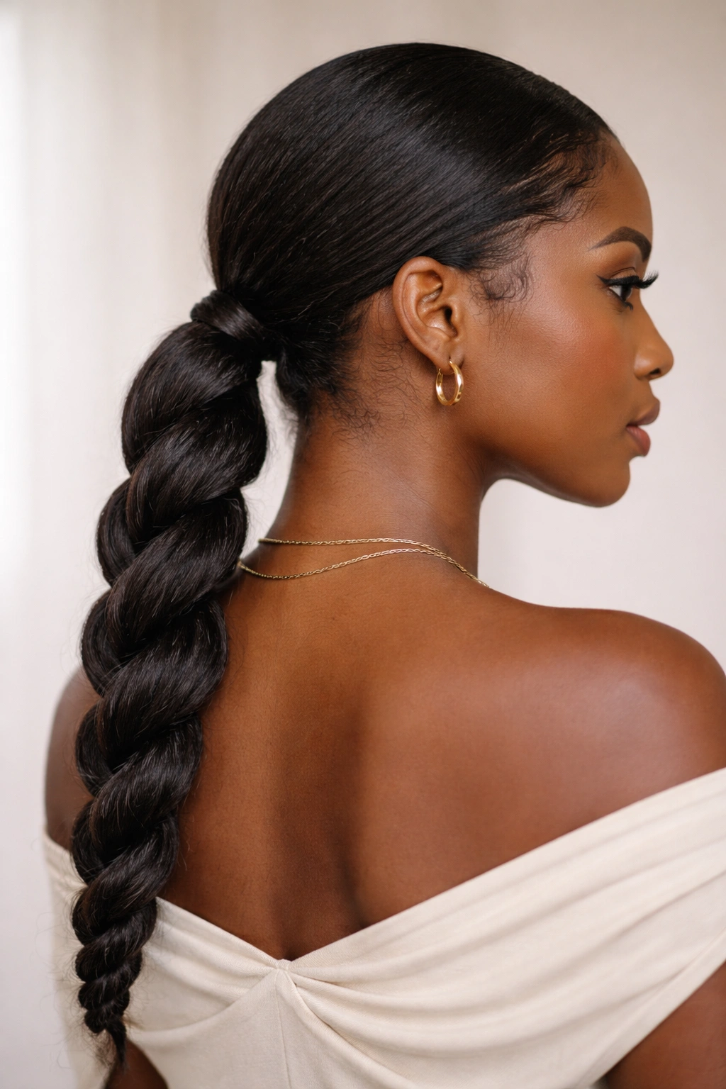 Twisted low ponytail with rope twist texture showing depth and movement