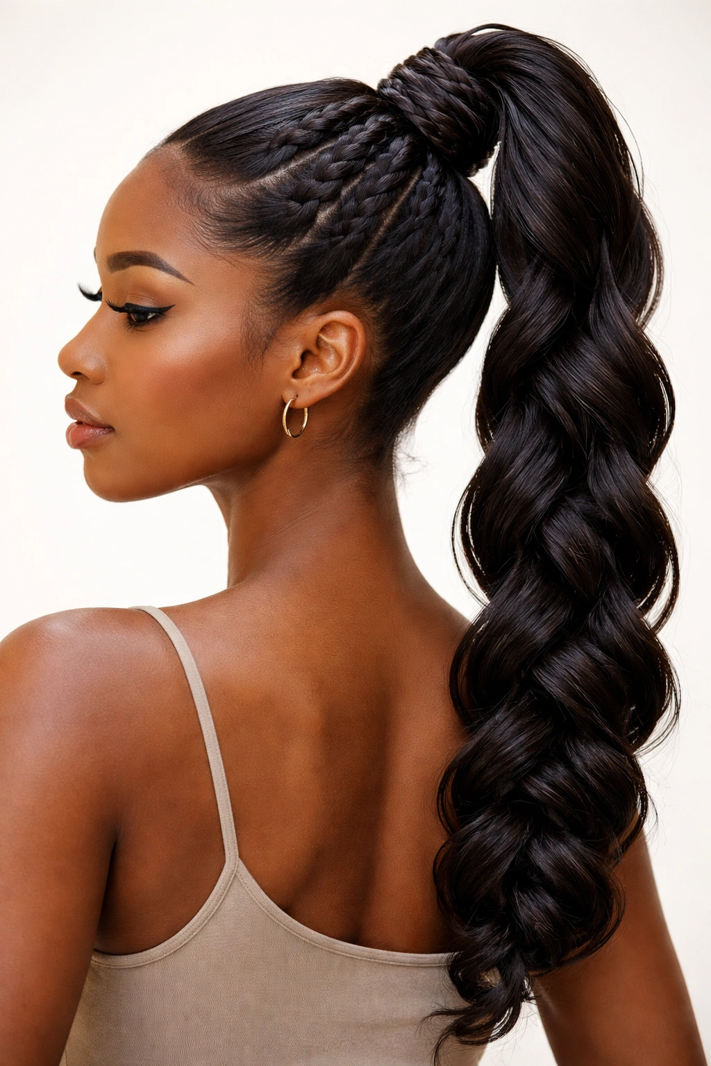 High ponytail with rope twists creating linear patterns