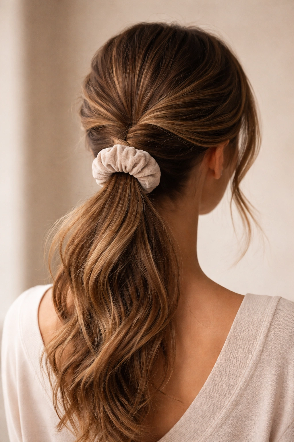 Close-up of twisted ponytail with scrunchie showing built-in texture