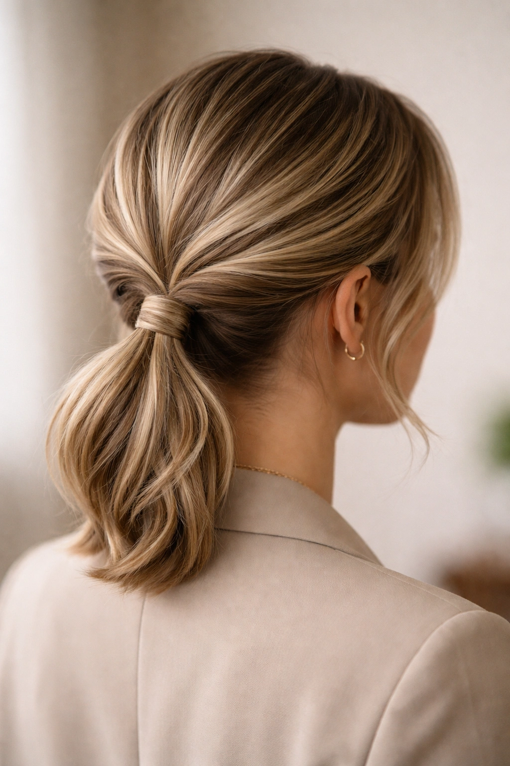 Twisted low ponytail with visible twists at the nape
