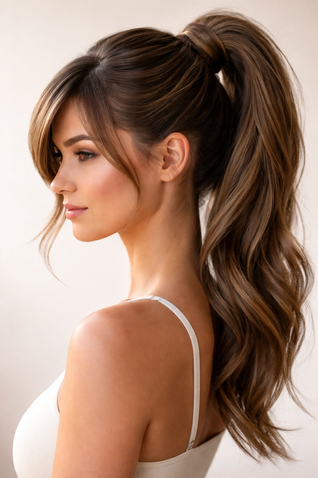 Side profile of a twisted high ponytail with side bangs