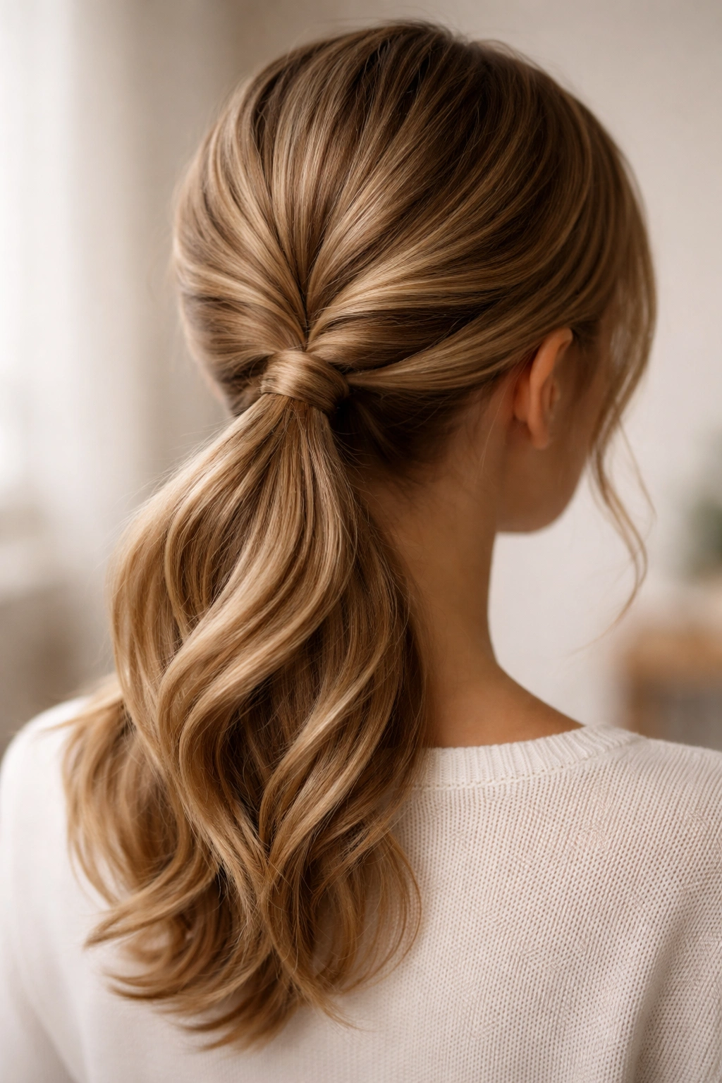 Twisted ponytail with two intertwined sections creating texture