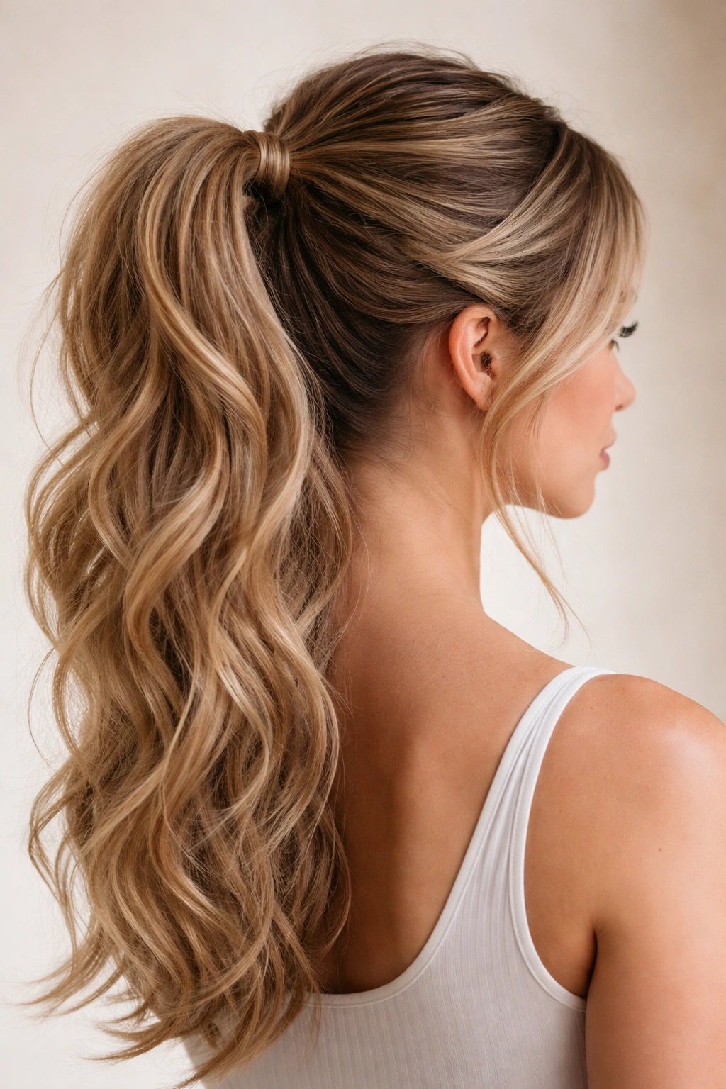Close-up of a high ponytail with loose twists peeking through