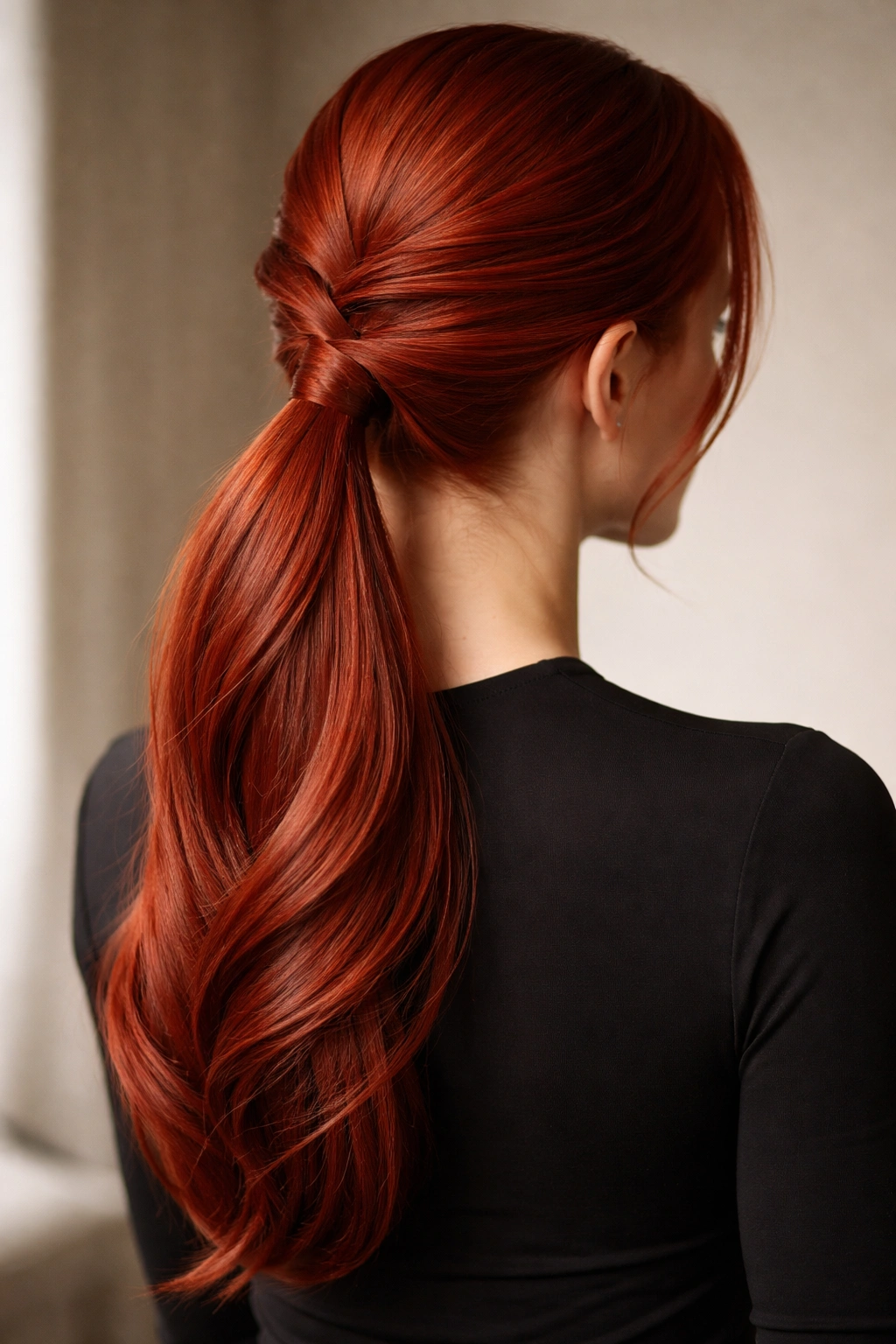 Three-quarter rear view of a twisted ponytail on red hair showing texture