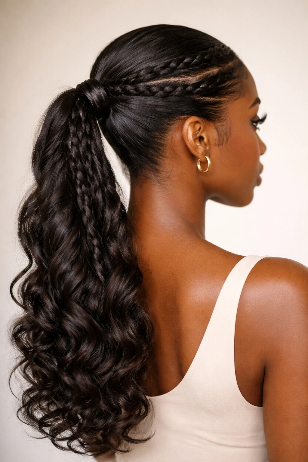 Close-up of a twisted two-strand ponytail with rope-like texture forming a sleek ponytail