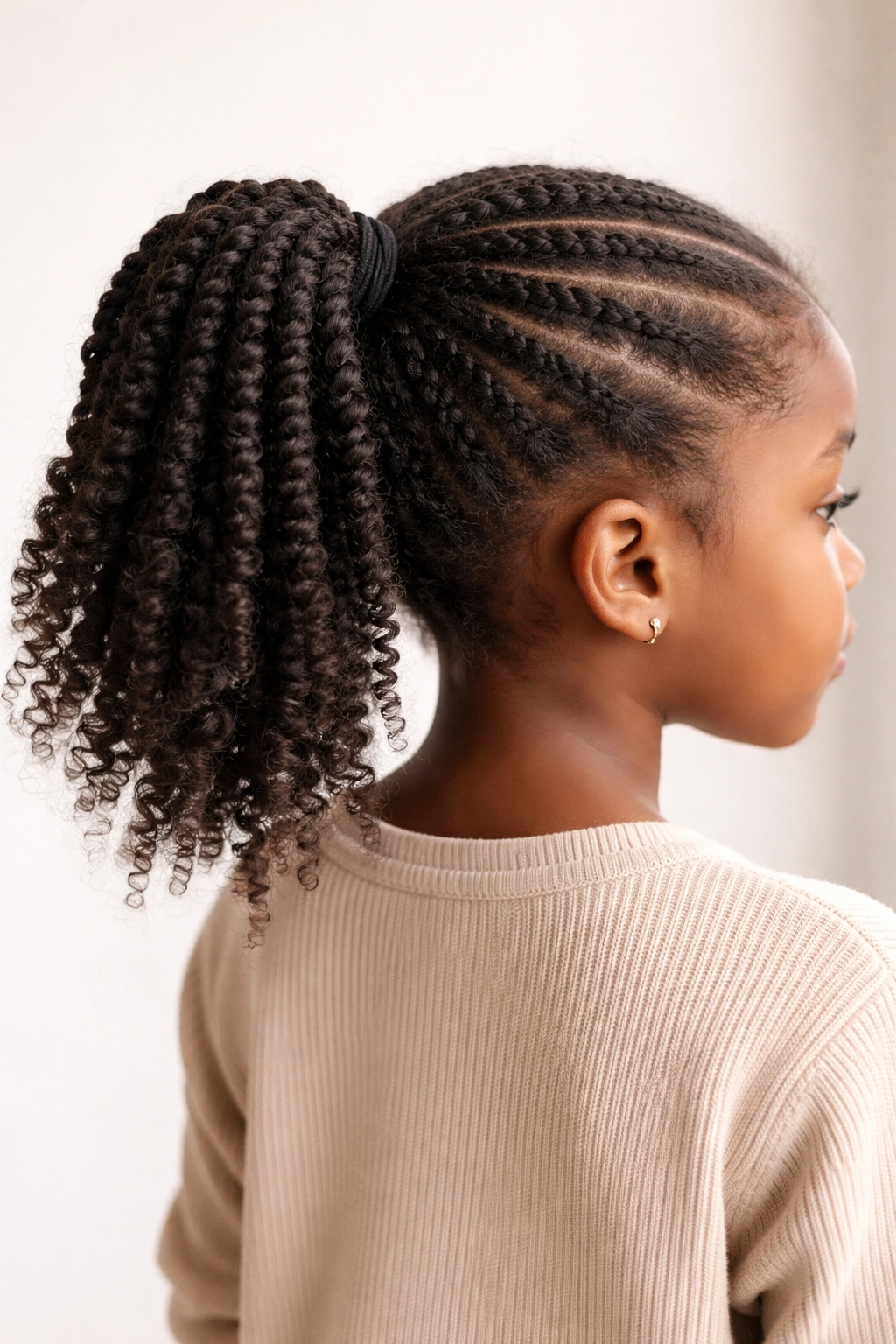 Three-quarter view of a twisted ponytail with textured ends