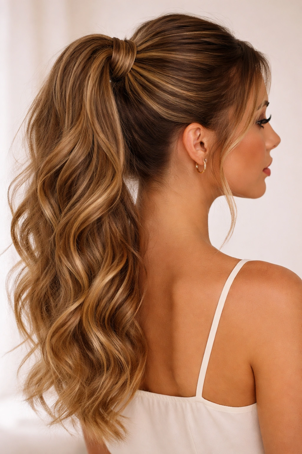 Twisted high ponytail with two intertwined twists at the crown