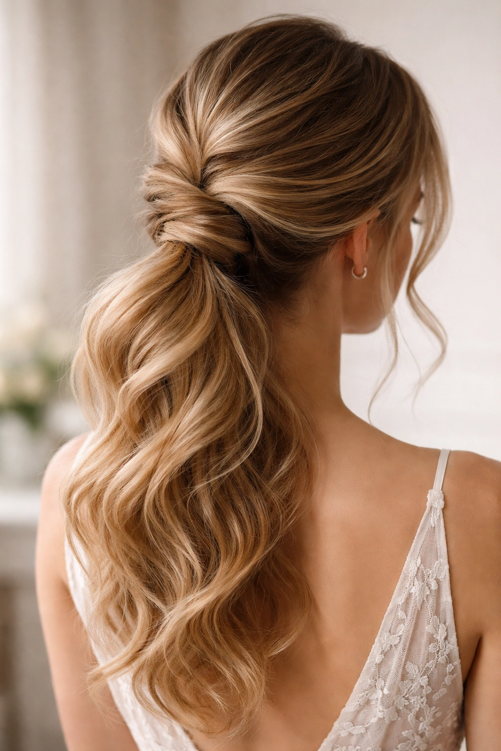Back of head with romantic twisted ponytail showing spiraled twists