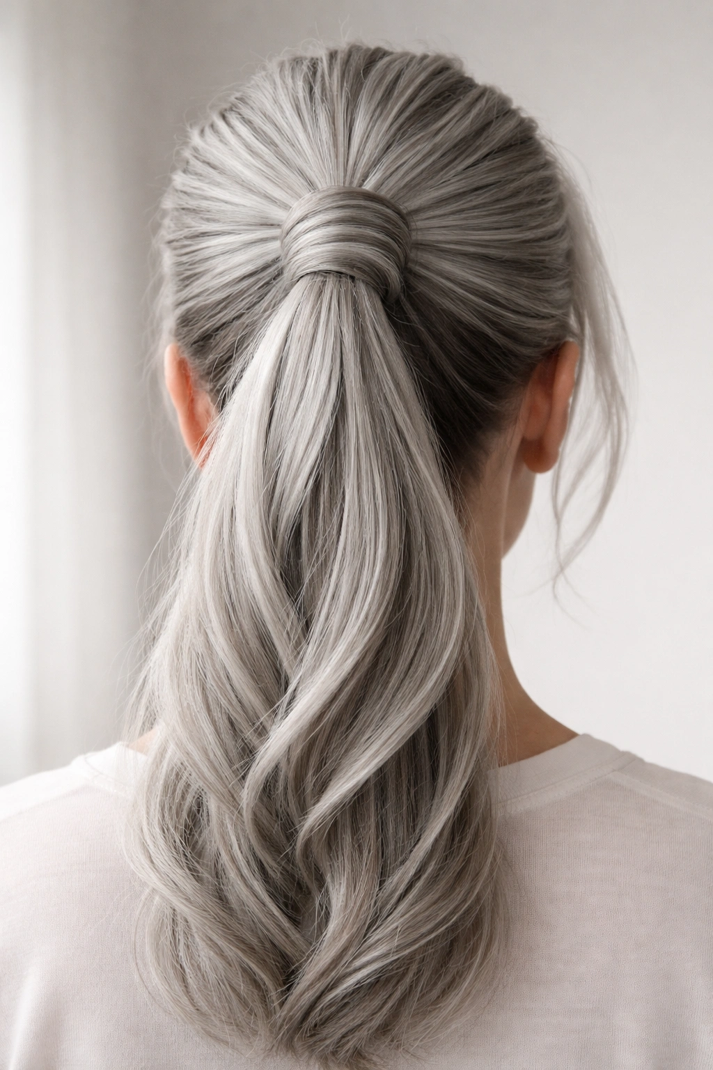 Close-up of gray twisted ponytail with elegant wrapping showing texture and shine