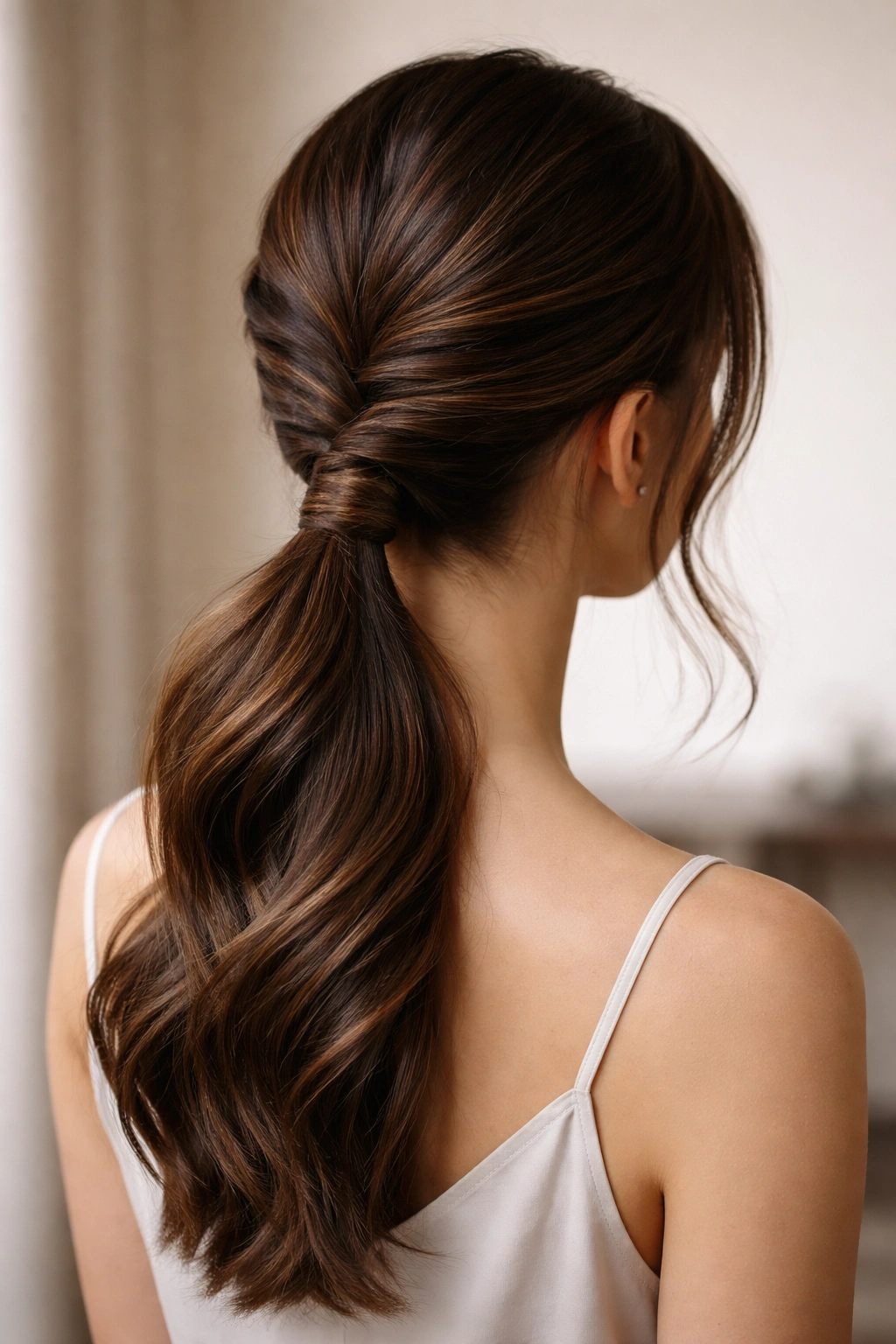 Twisted low ponytail with wrap detail concealing the elastic