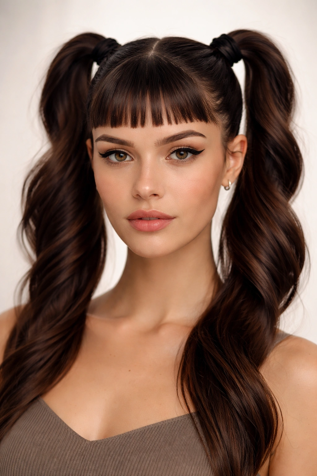 Close-up of Twisted Double Ponytails With Micro Bangs on a model with spiral twists and micro bangs