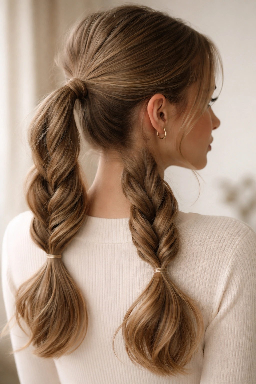 Two ponytails twisted into rope-like textures on each side