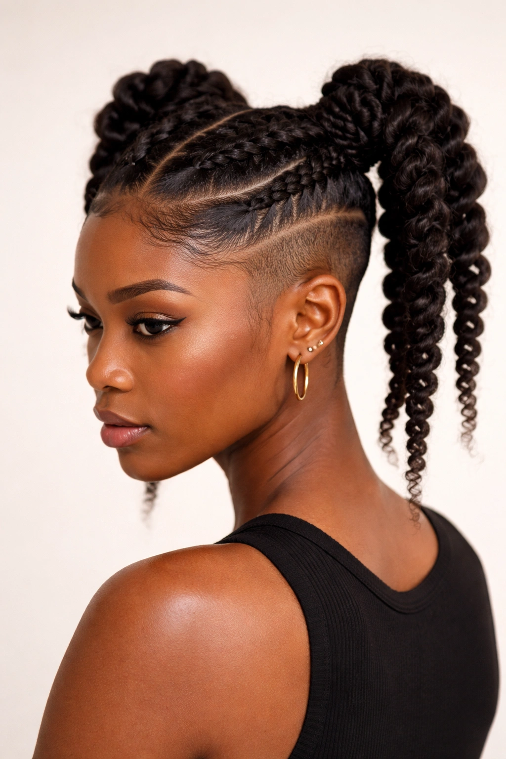 Twisted double ponytails with visible undercuts or shaved sides