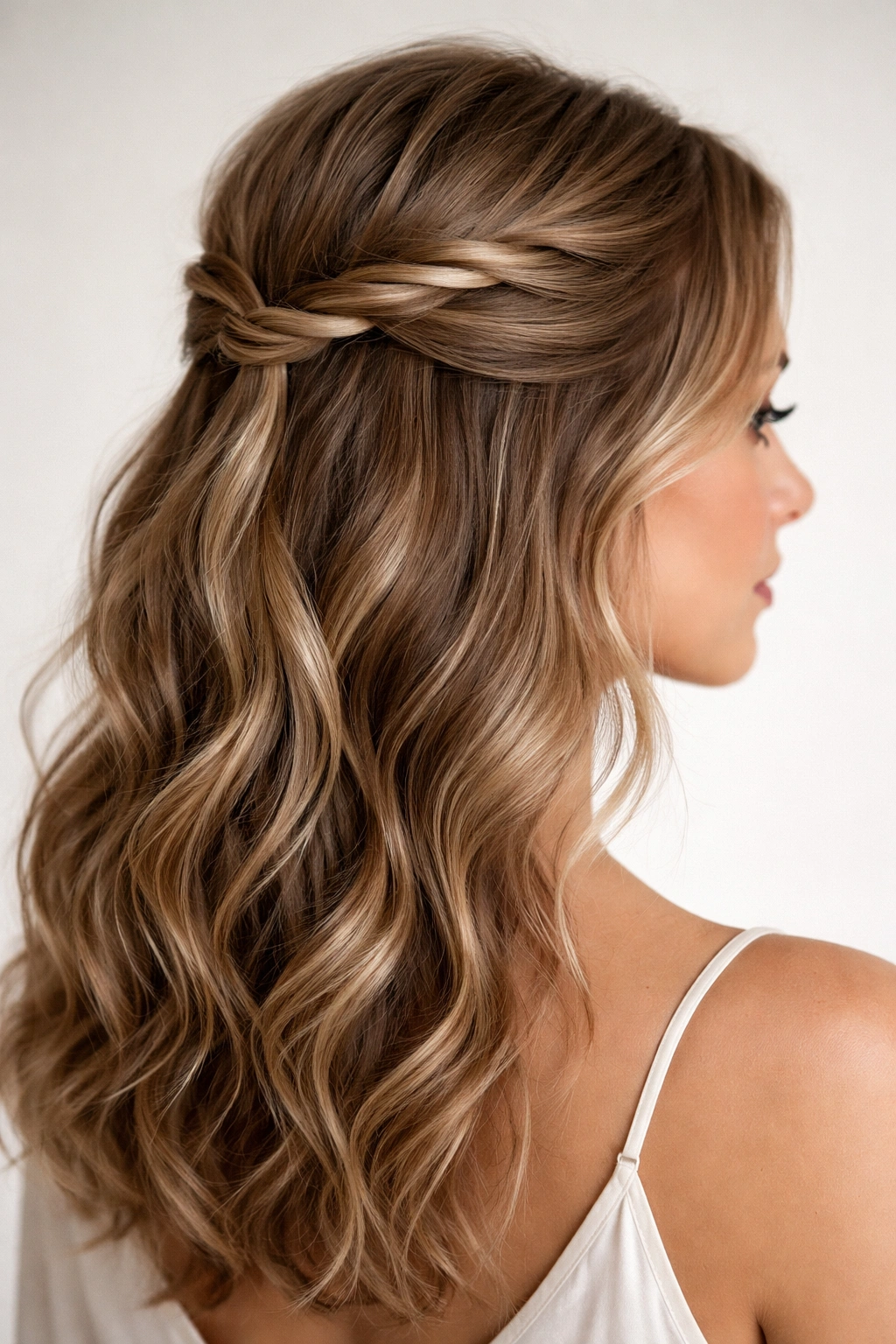 Hair crowned in a half-up style with a ribbon twisted through the gathered section