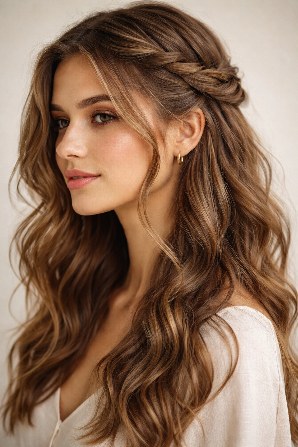 Close-up of The Twisted Ribbon Half-Up hairstyle with a loose side twist and face-framing waves