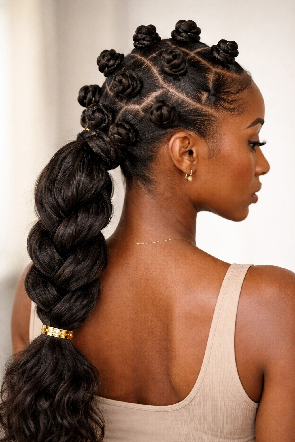 Knots across head twisted into a rope ponytail base.