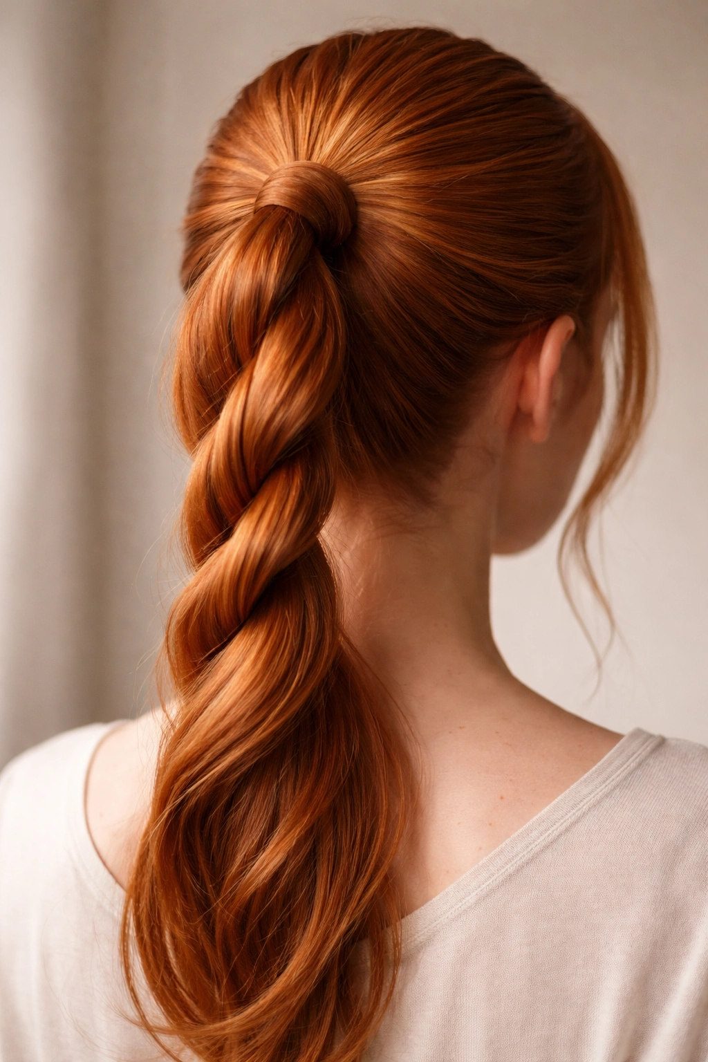 Ginger-haired person with twisted rope braids forming a ponytail