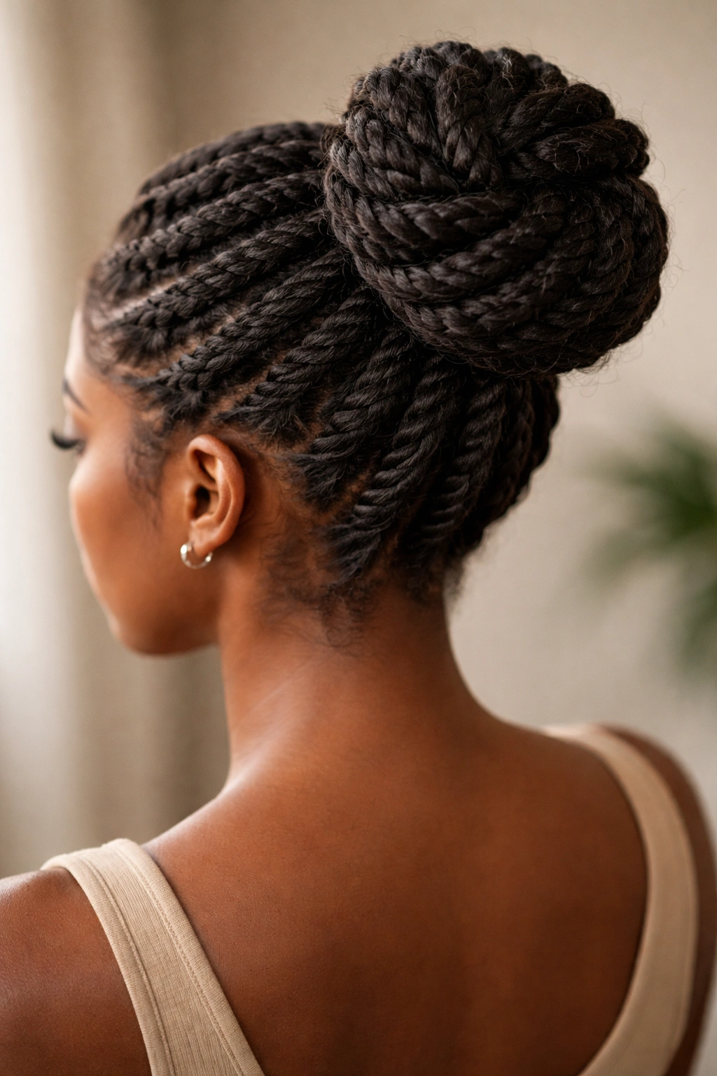 Close-up of a Black woman with a twisted rope bun showing defined twists
