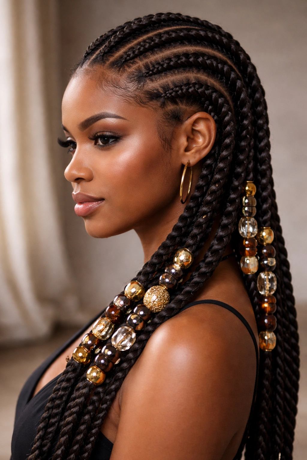 Close-up of twisted rope cornrows with large statement beads along the twists.
