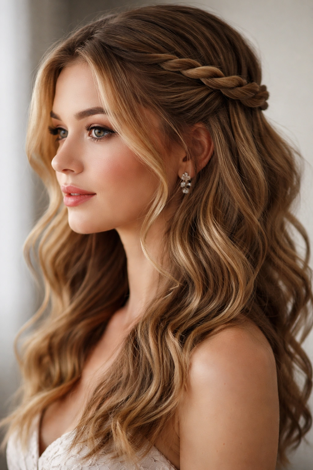 Half-up hairstyle with twisted rope detail