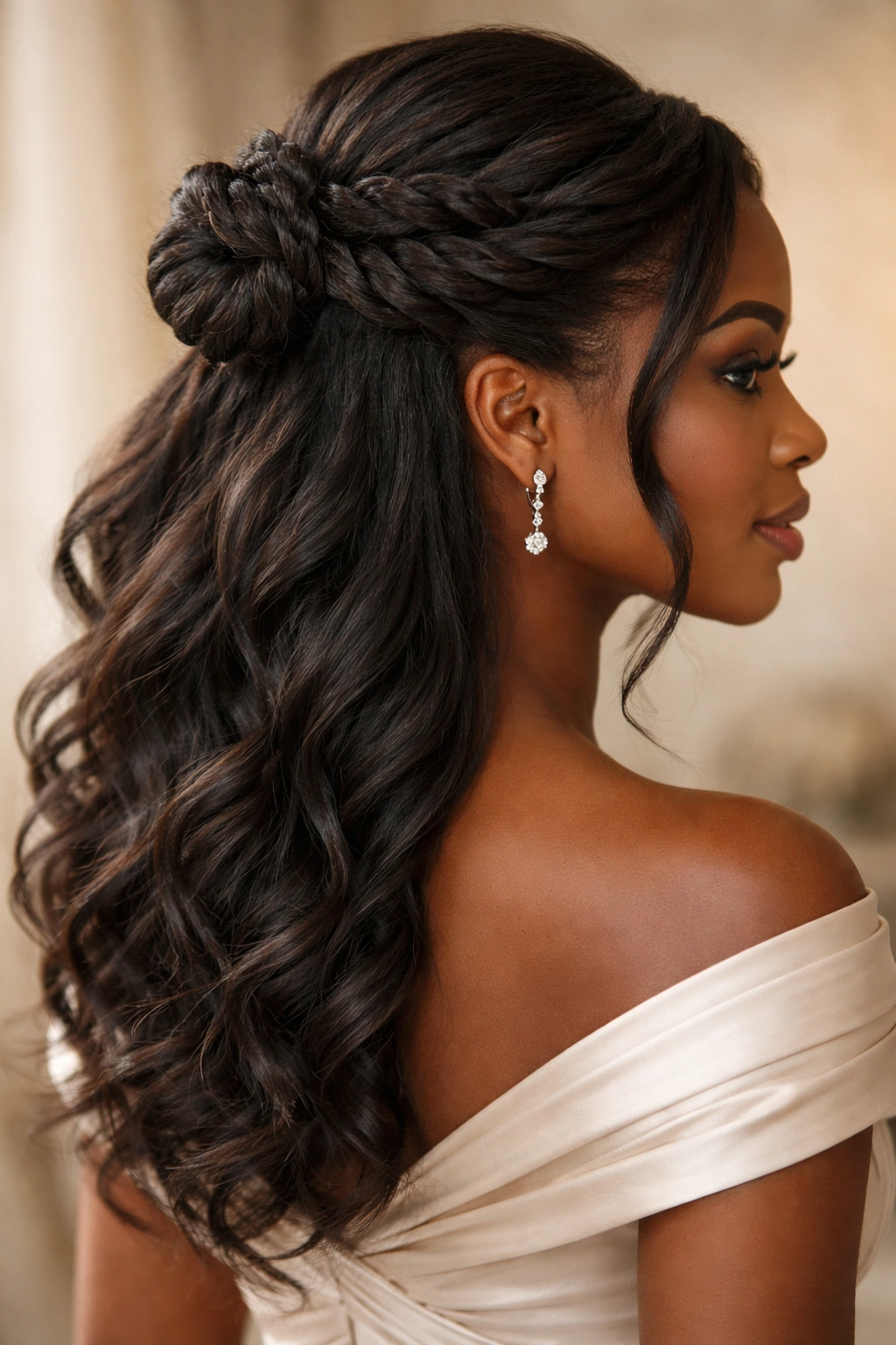 Twisted rope half-up updo with crown twists gathered into a knot at the back.