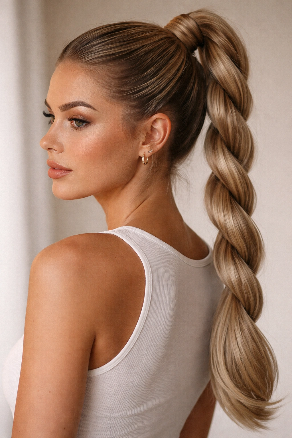 Close-up of twisted rope high ponytail showing interwoven rope texture
