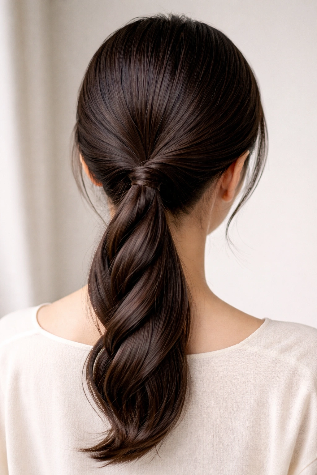 Back view of a low ponytail with twisted rope texture