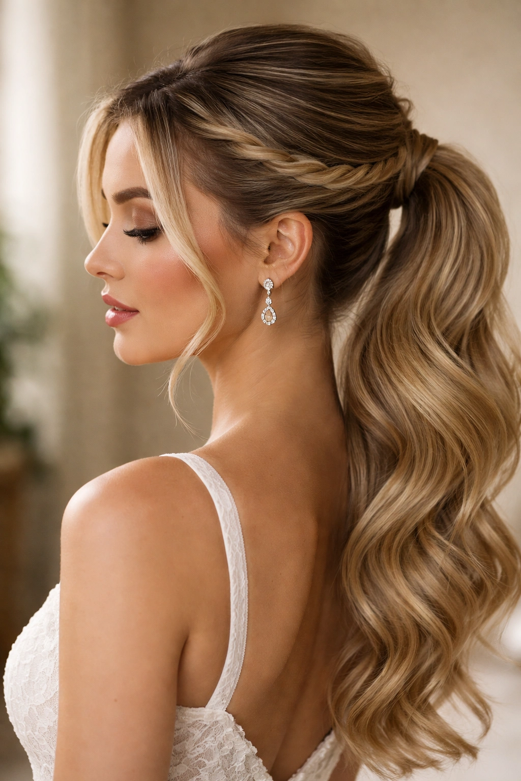 Side profile of two front twists weaving into a rope-textured ponytail