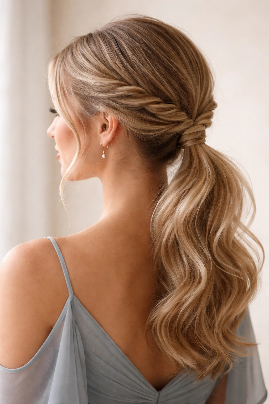 Two-strand twists framing the head and forming a low ponytail