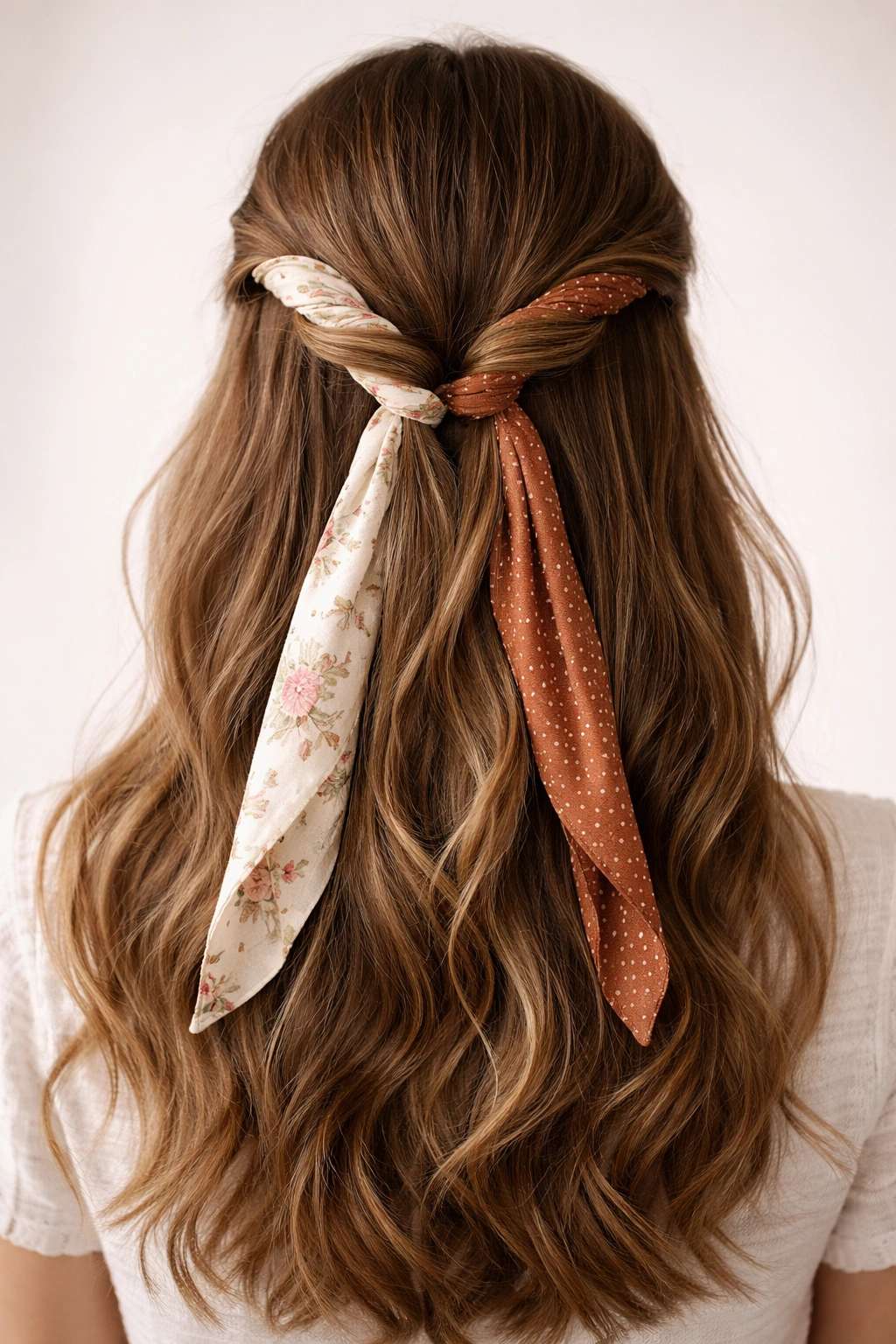 Portrait of a person with two twisted scarf accents forming a symmetrical half-up hairstyle