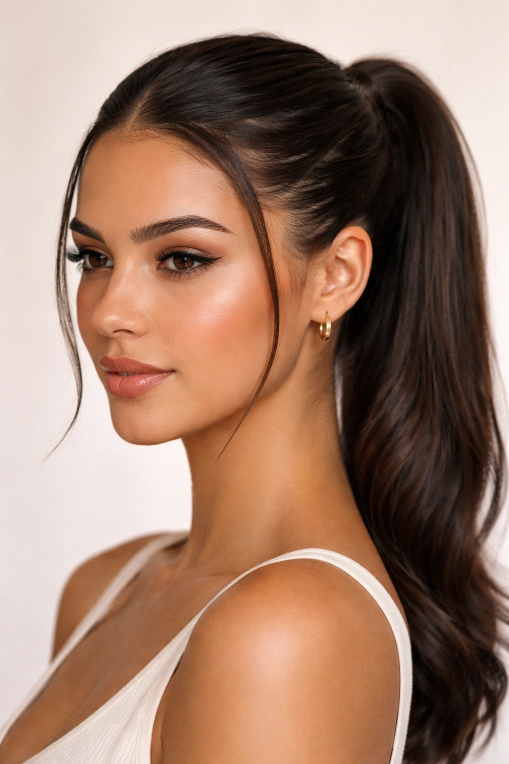 Mid frontal ponytail with a subtle twisted section detail near the temples