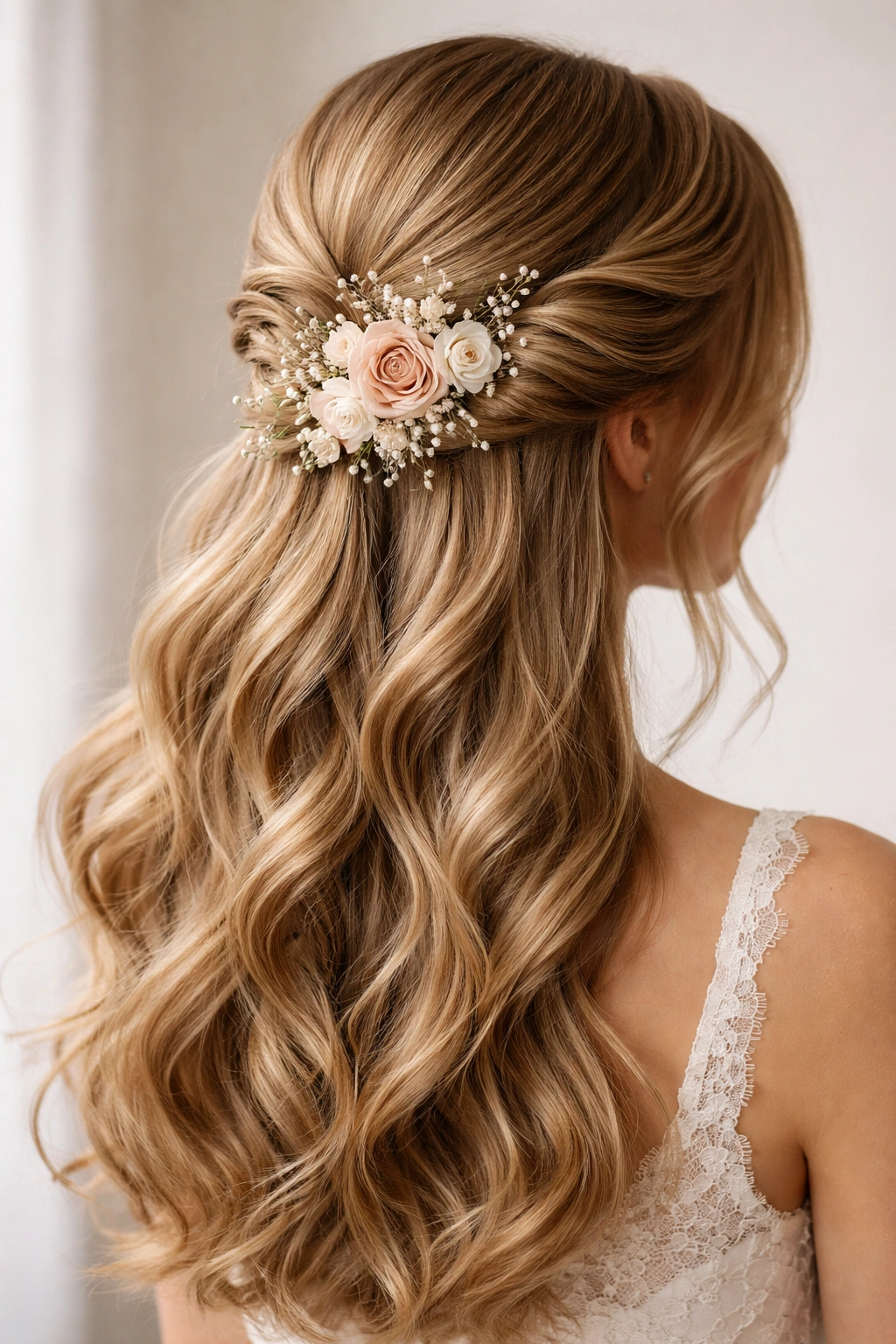 Hairstyle with multiple twisted sections half-up and a floral fascinator at the join